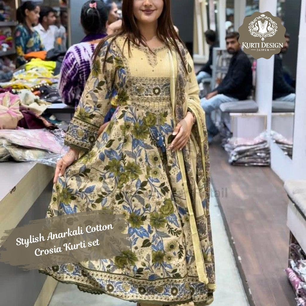 Anarkali Cotton Crosia Lace work Kurti Set