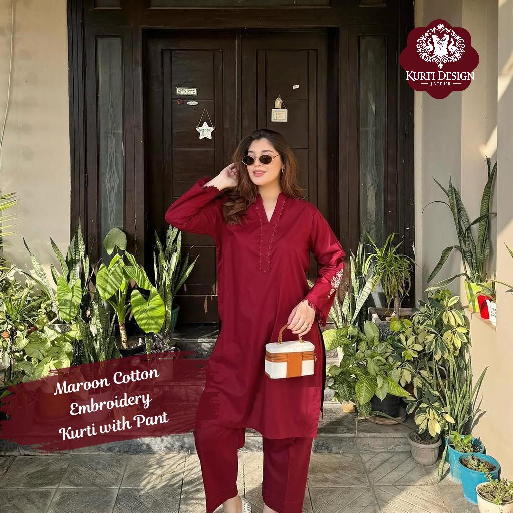 Maroon Cotton Embroidery Kurta with Straight Pant