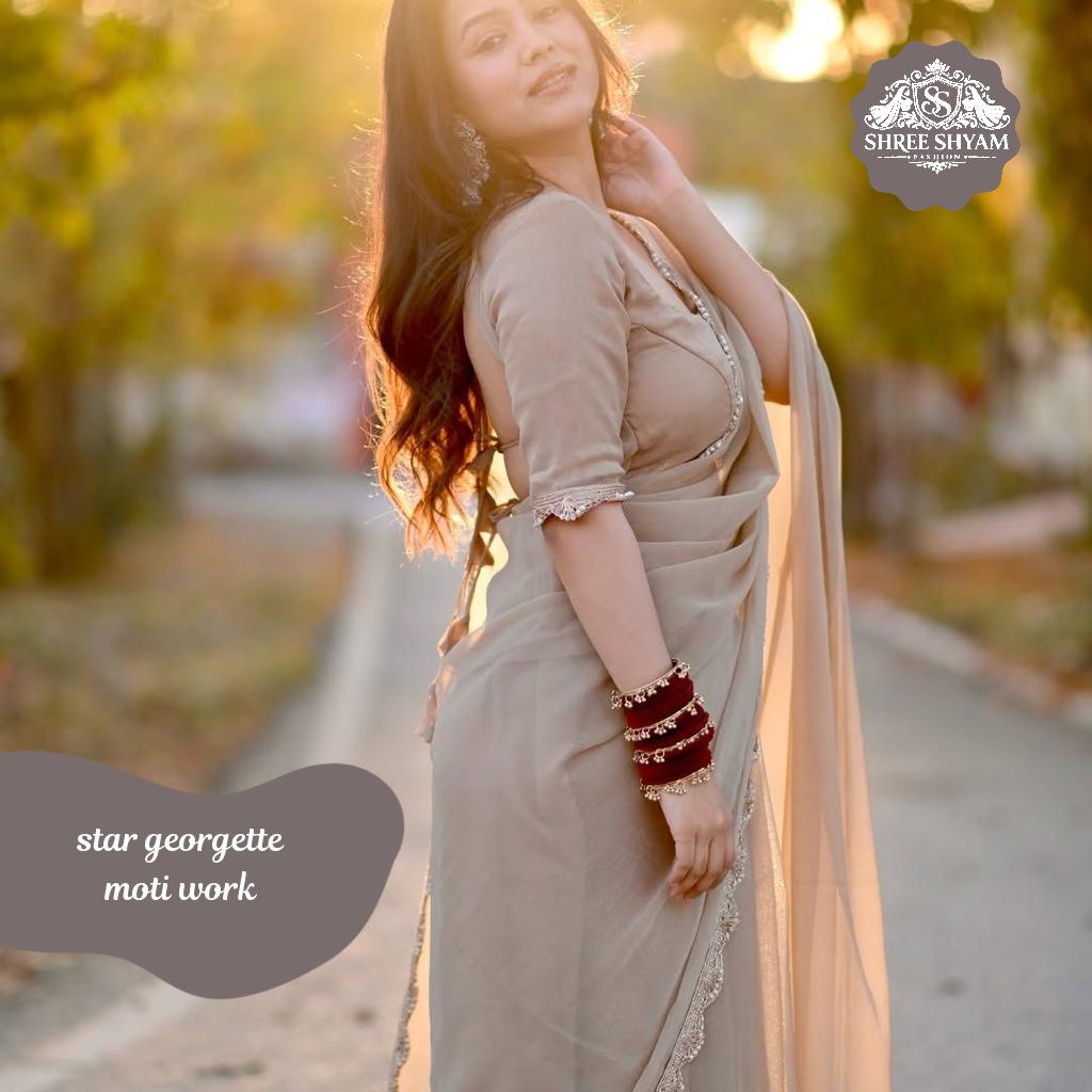 Party Wear Georgette Sequence Work Saree with Moti and Cut Work Border!