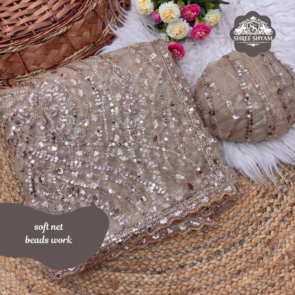 Party Wear Net Saree with Beads Work and Fancy Blouse!