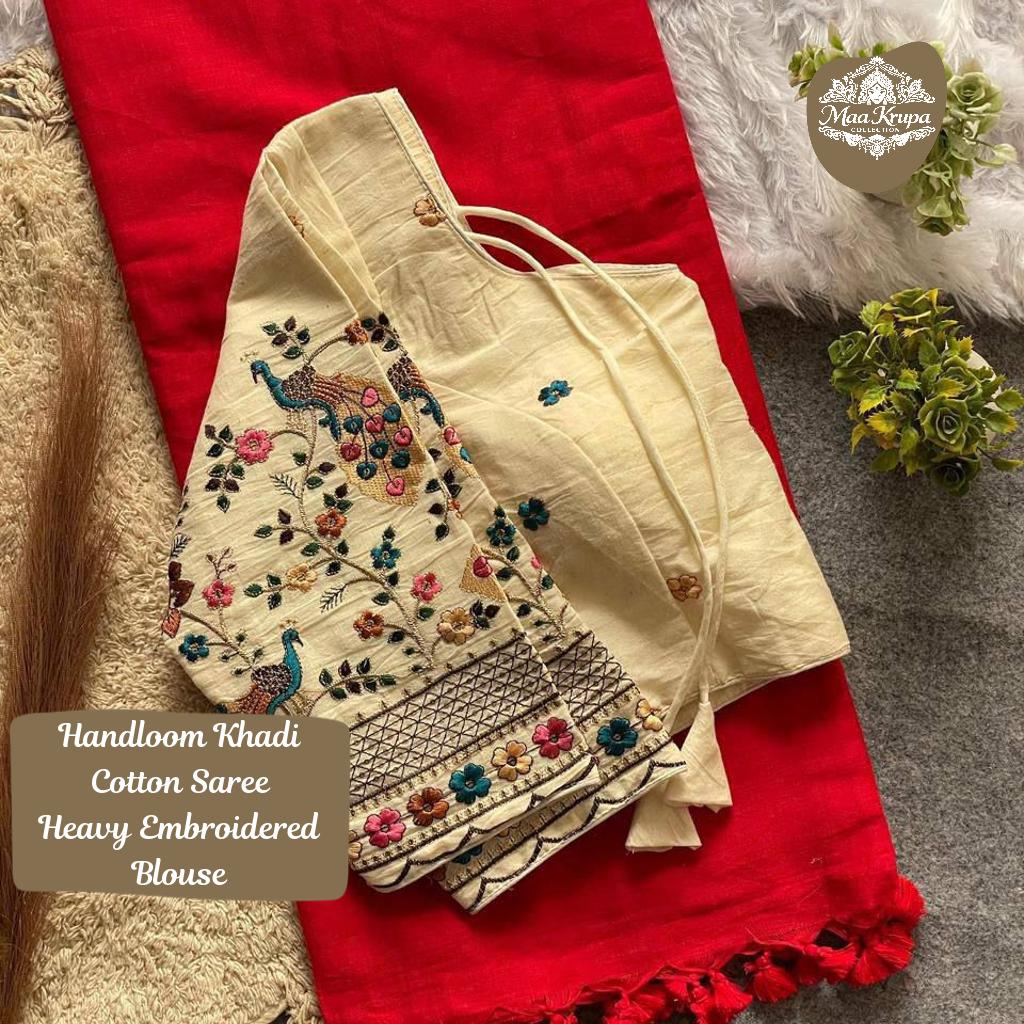 Handloom Khadi Cotton Saree with Heavy Embroidered Blouse