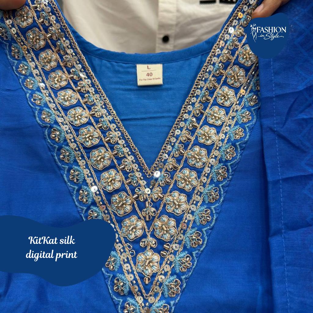 Designer Floral Hand Work KitKat Silk Suit with Heavy V-Neck and Floral Dupatta!