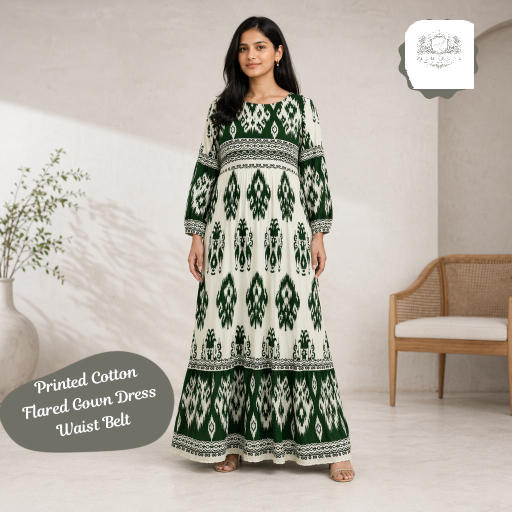 Printed Cotton Flared Gown Dress with Waist Belt