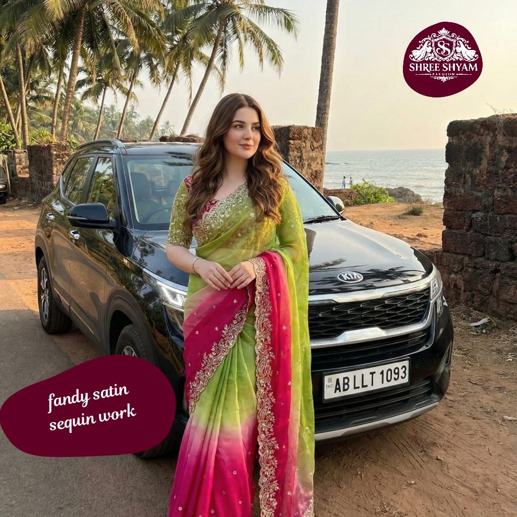 Party Wear Fandy Satin Saree with Heavy Embroidery and Stitched Blouse!
