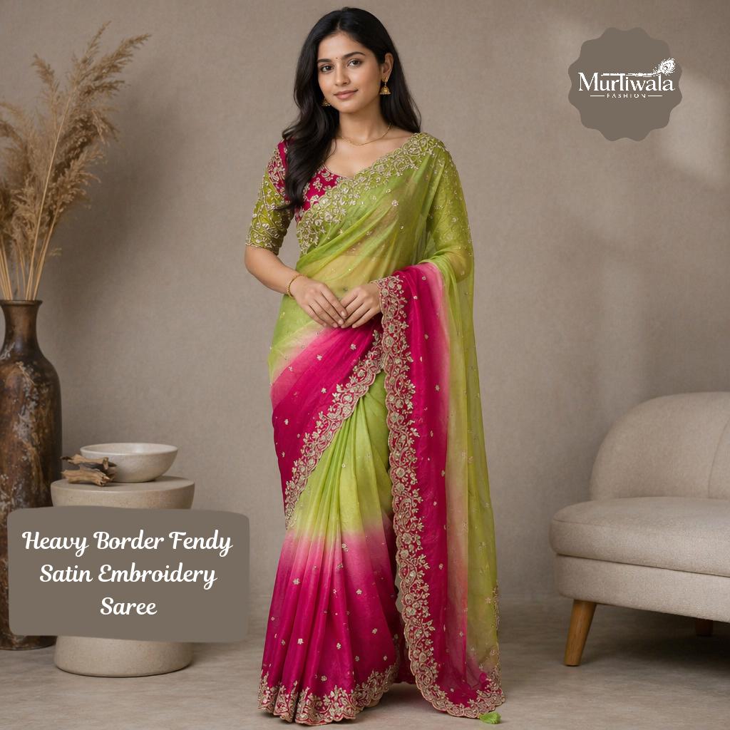 Fandy Satin Embroidery Saree with Heavy Border and Designer Blouse