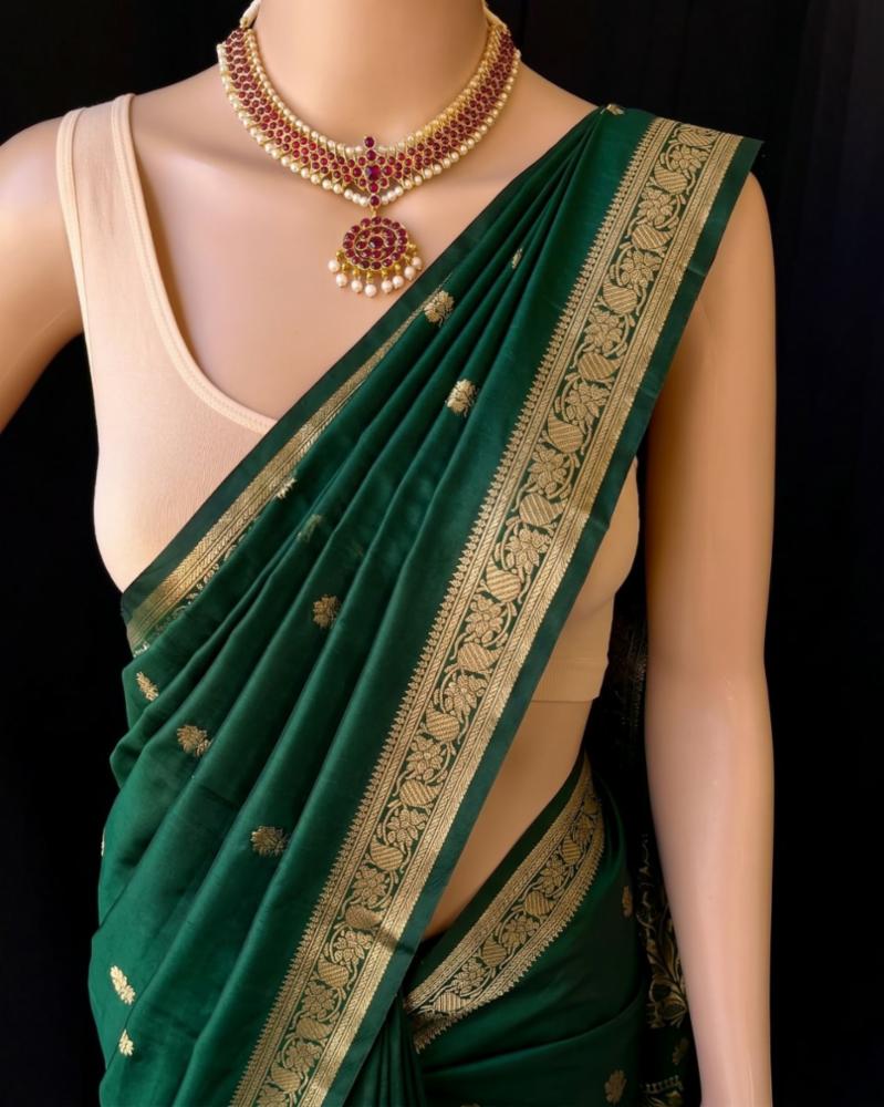 Banarasi Silk Saree with Flower Weaving and Zari Pallu, Unique Blouse, Free Size