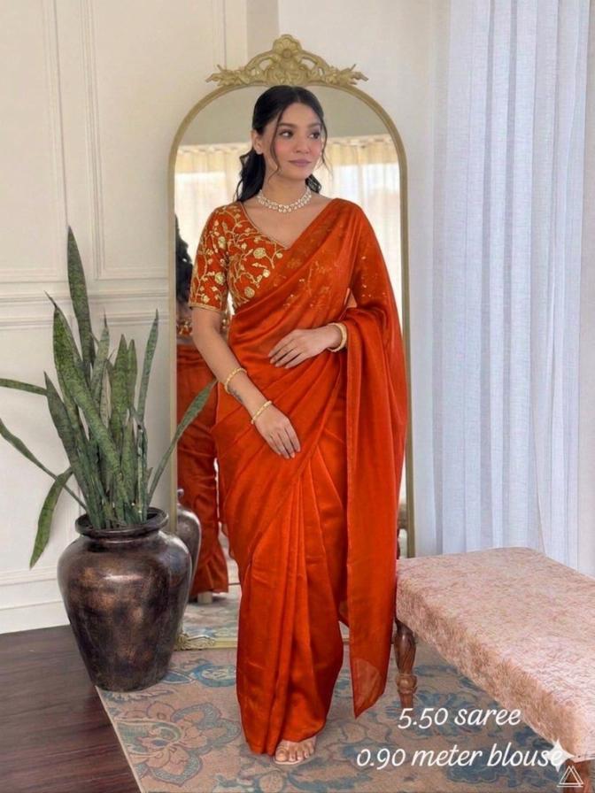 Fandy Satin Saree with Heavy Embroidery Sequin Work Blouse