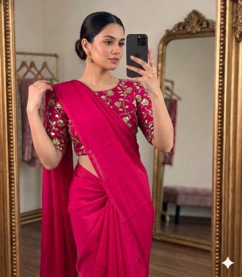 Fandy Satin Saree with Heavy Embroidery Blouse, 5.4m