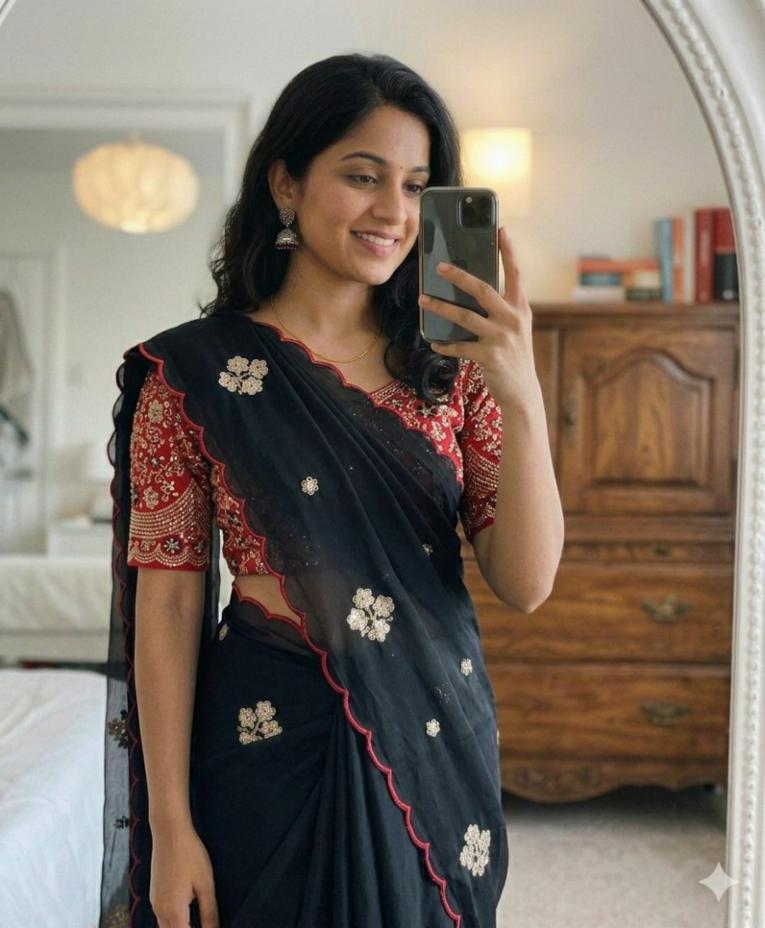 Rangoli Tissue Saree with Multi Embroidery and Embroidered Blouse - Free Size