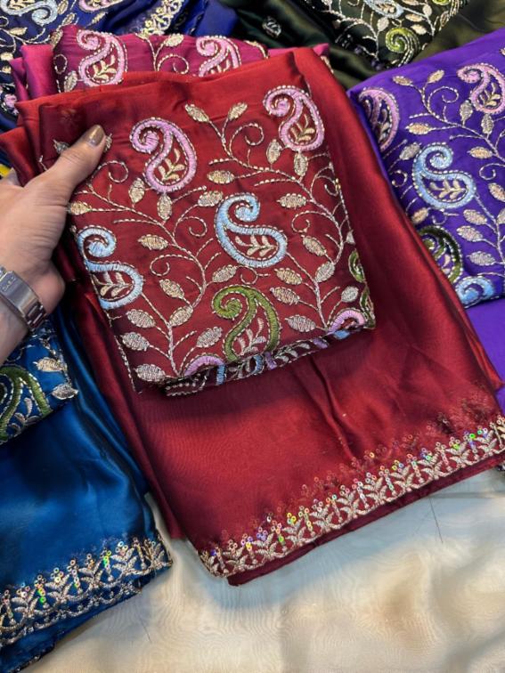 Soft Rangoli Silk Embroidery Saree with Sequins Work Border and Blouse