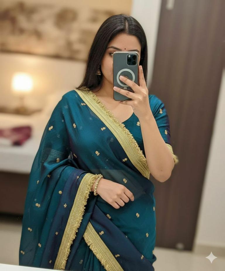 Space Satin Sequence Embroidery Saree with Contrast Blouse - Free Size