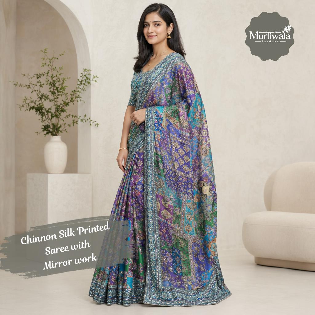 Chinnon Silk Printed Saree with Mirror and Zari Work