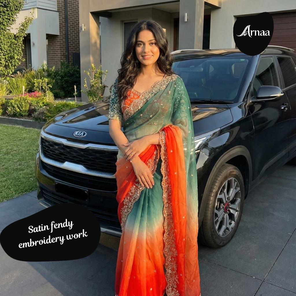 Frendy Satin Saree with Embroidery and Sequins, Stitched Blouse