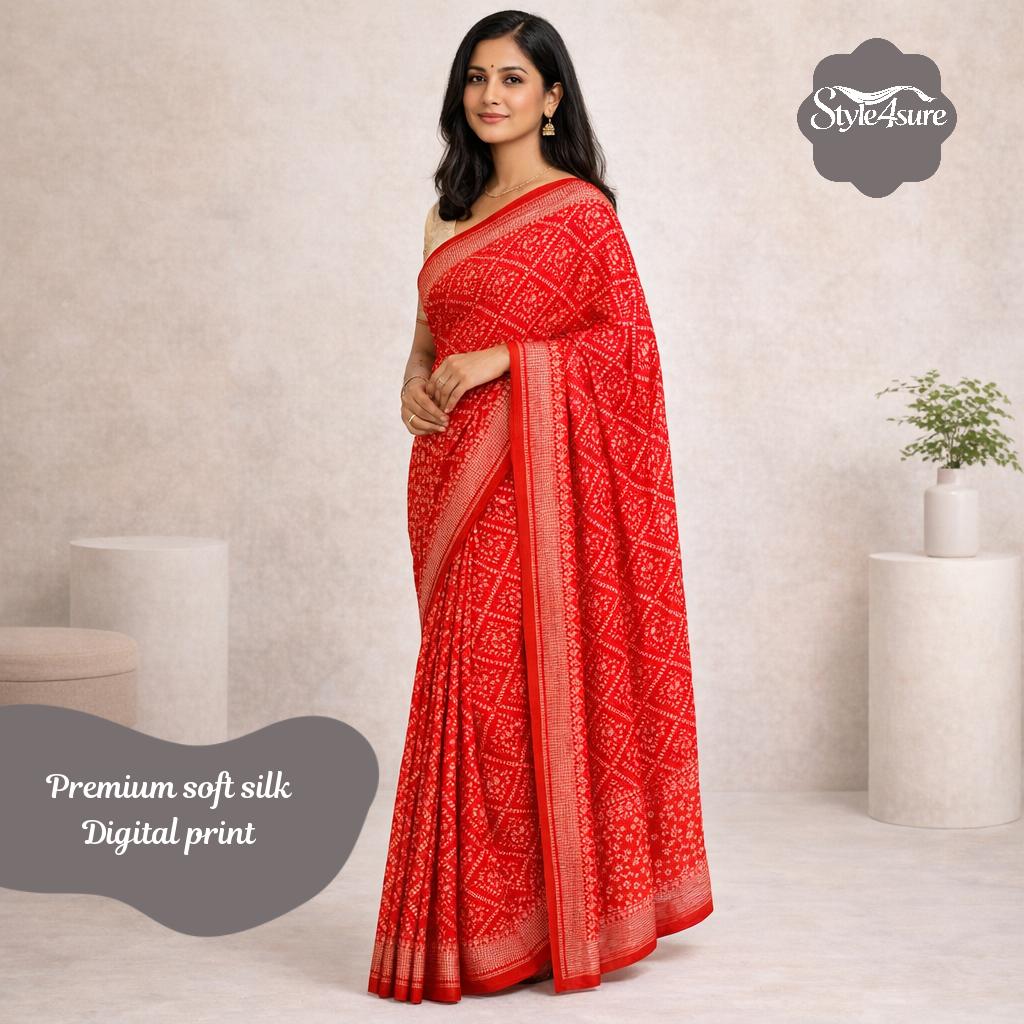 Red Chiffon Georgette Bandhani Print Saree with Unstitched Blouse for Women