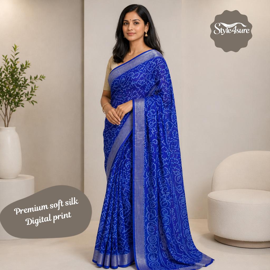 Blue Bandhani Print Chiffon Georgette Saree with Printed Blouse