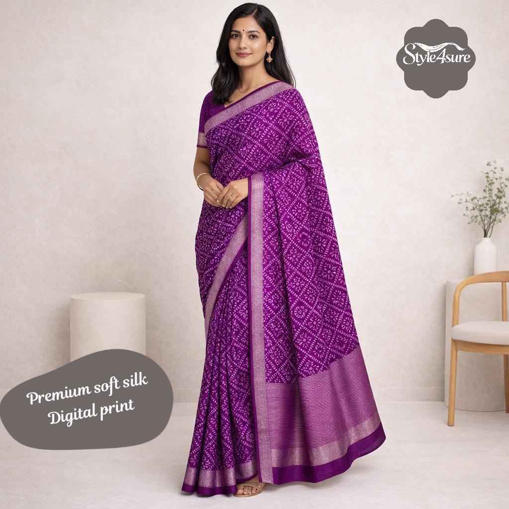 Purple Bandhani Print Chiffon Georgette Saree with Printed Blouse Piece
