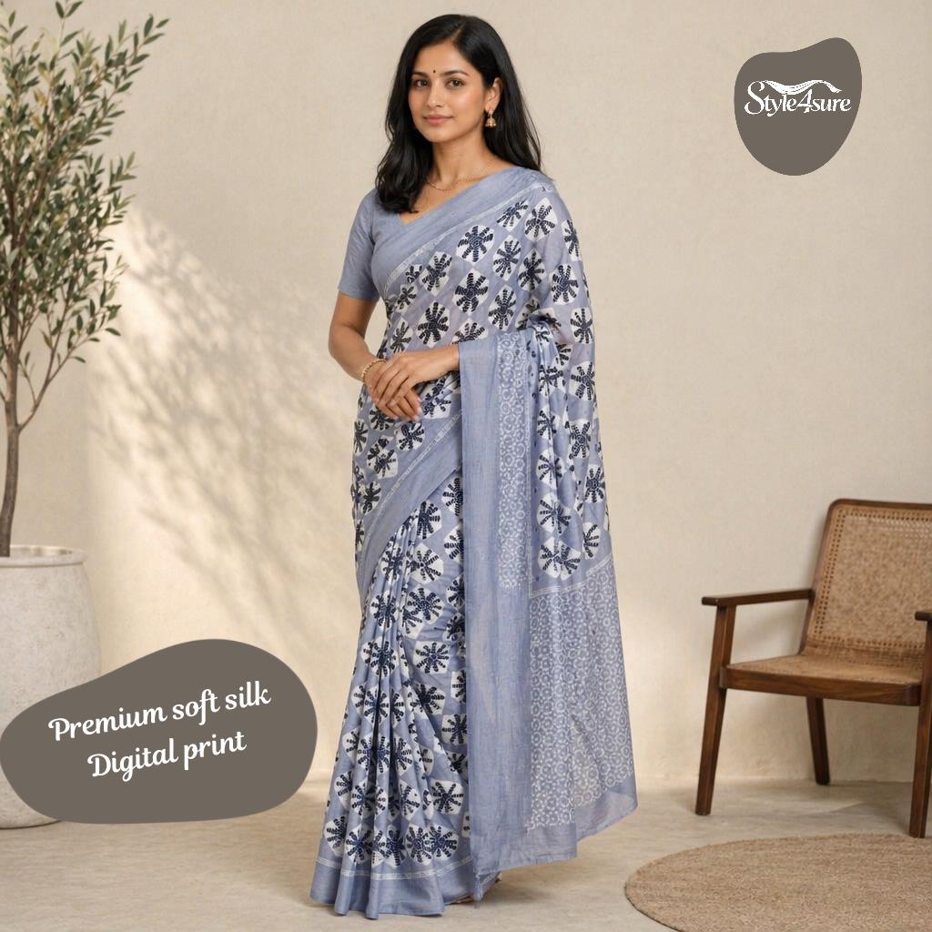 Blue Chakri Printed Soft Silk Saree with Blouse Piece