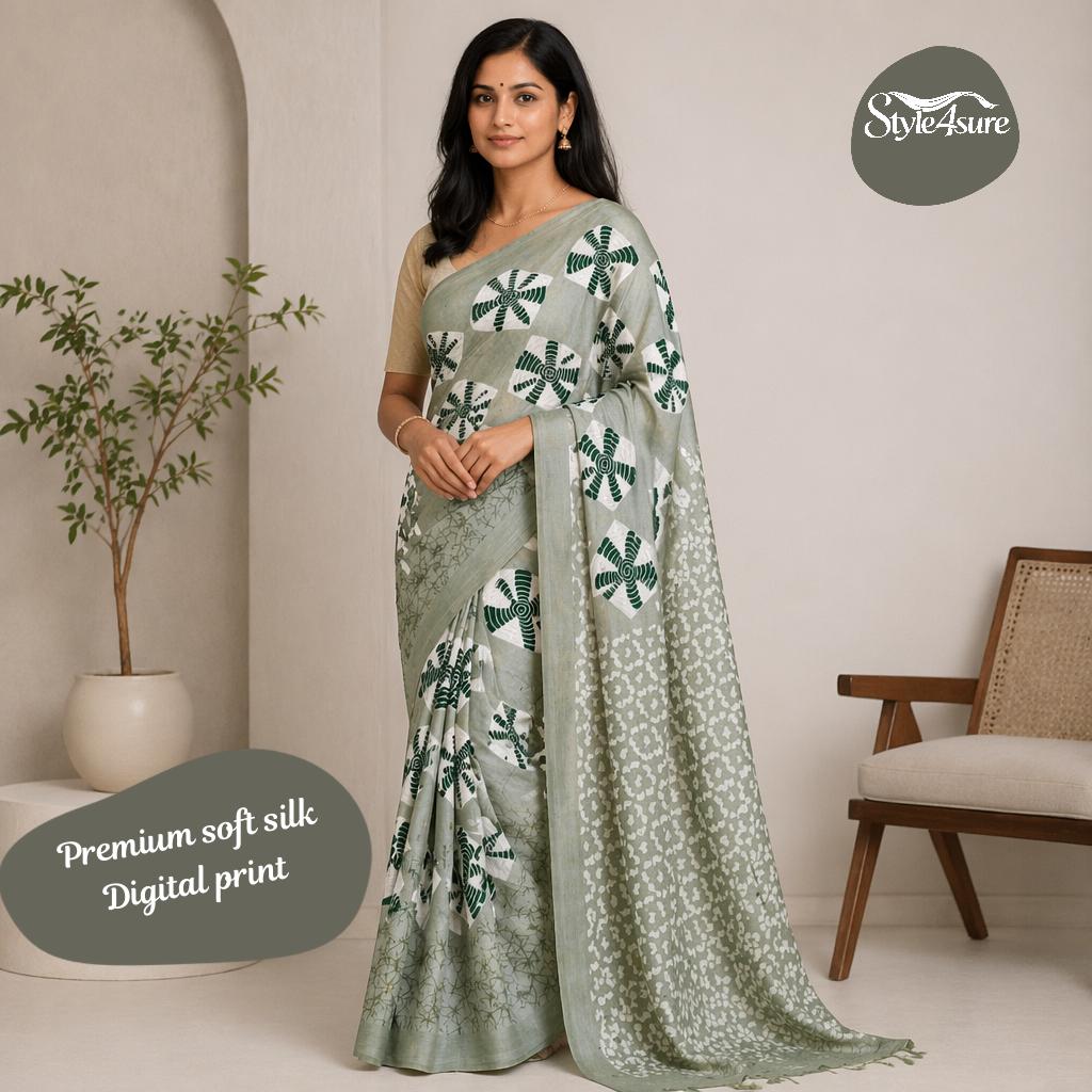 Green Soft Silk Printed Saree with Unstitched Blouse for Daily & Party
