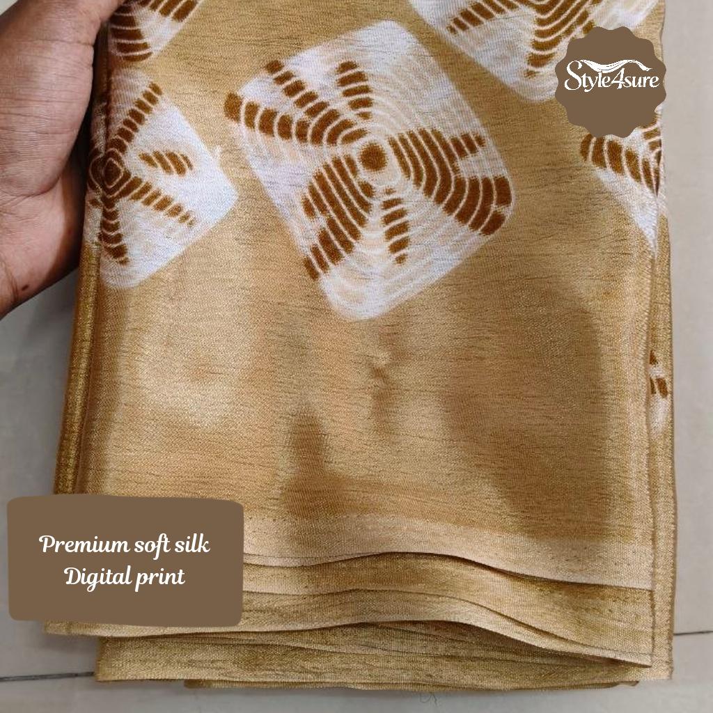 Gold Chakri Soft Silk Printed Saree with Unstitched Blouse