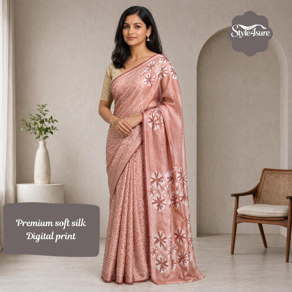 Peach Soft Silk Printed Saree with Unstitched Blouse