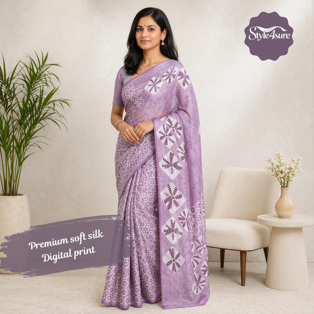 Purple Soft Silk Chakri Printed Saree with Blouse Piece