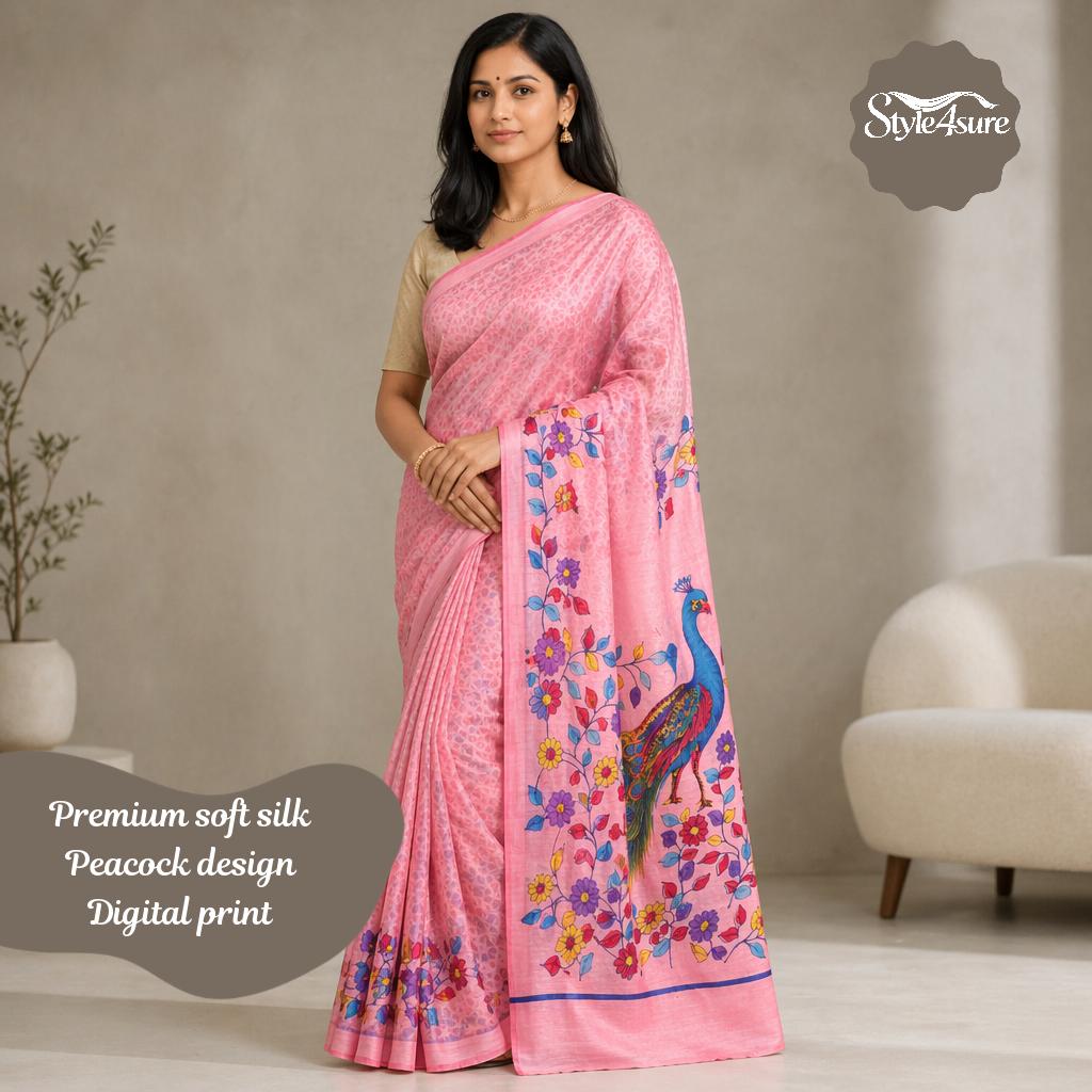 Pink Soft Silk Printed Peacock Saree with Blouse Piece