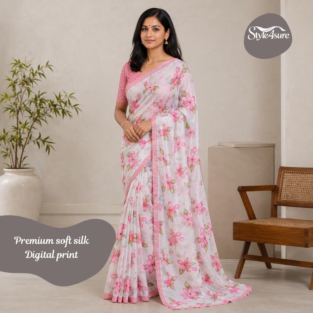 Pink Flower Turkey Soft Silk Saree with Printed Blouse
