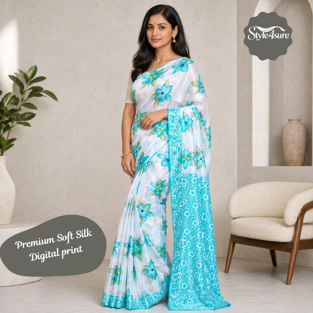 Blue Flower Soft Silk Printed Saree with Blouse Piece