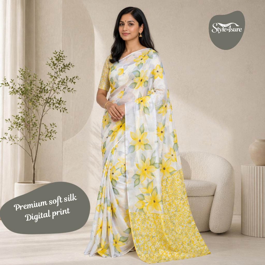 Yellow Flower Printed Soft Silk Saree with Unstitched Blouse Piece