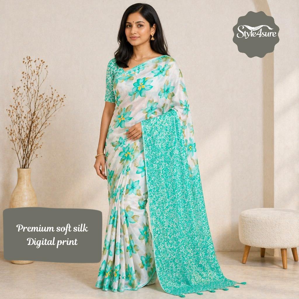 Green Soft Silk Printed Saree with Blouse Piece