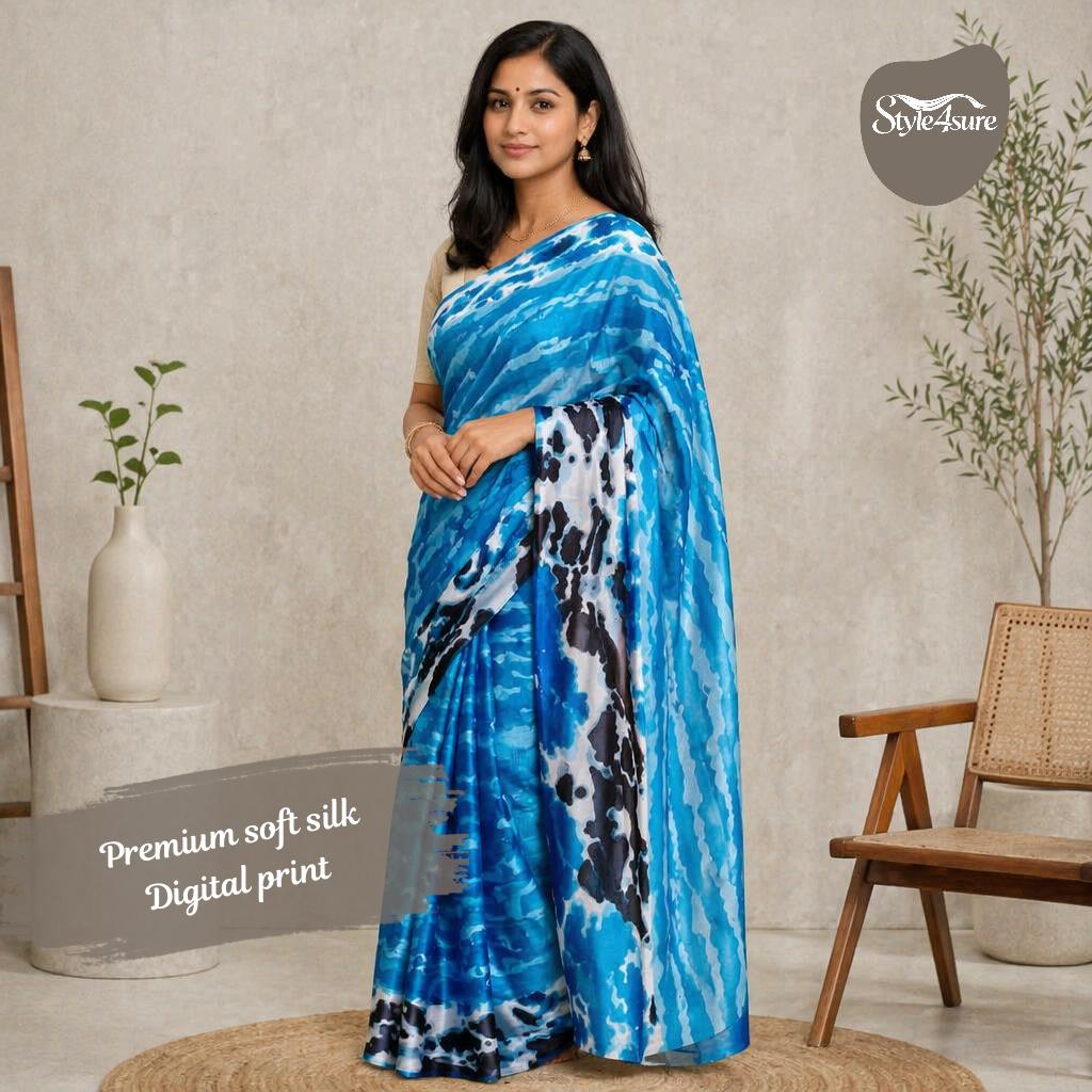 Soft Silk Blue Printed Saree with Unstitched Blouse Piece