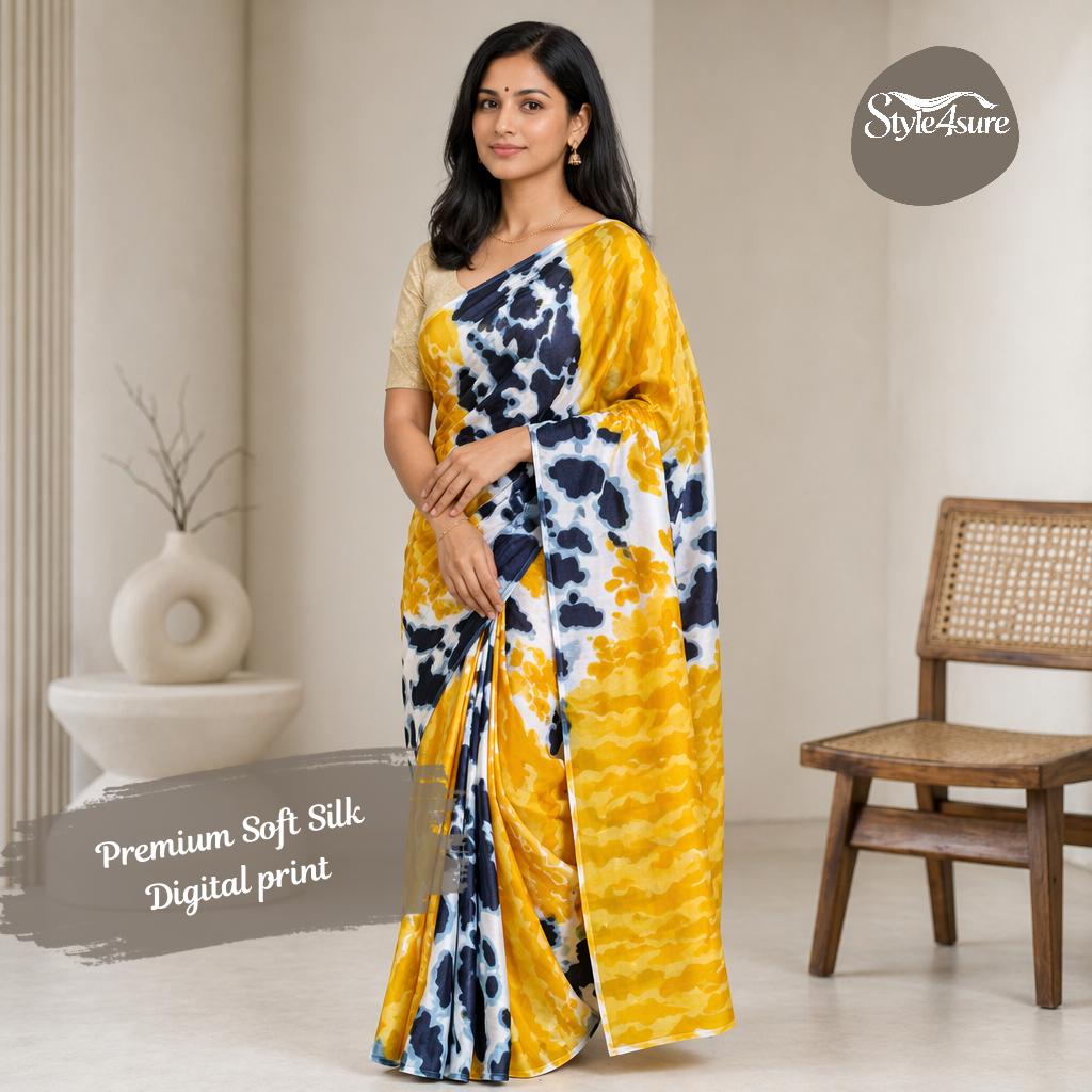 Yellow Soft Silk Printed Saree with Blouse Piece