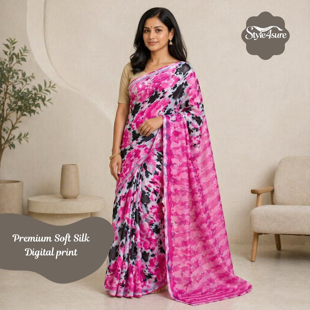 Pink Soft Silk Chhapa Print Saree with Printed Unstitched Blouse