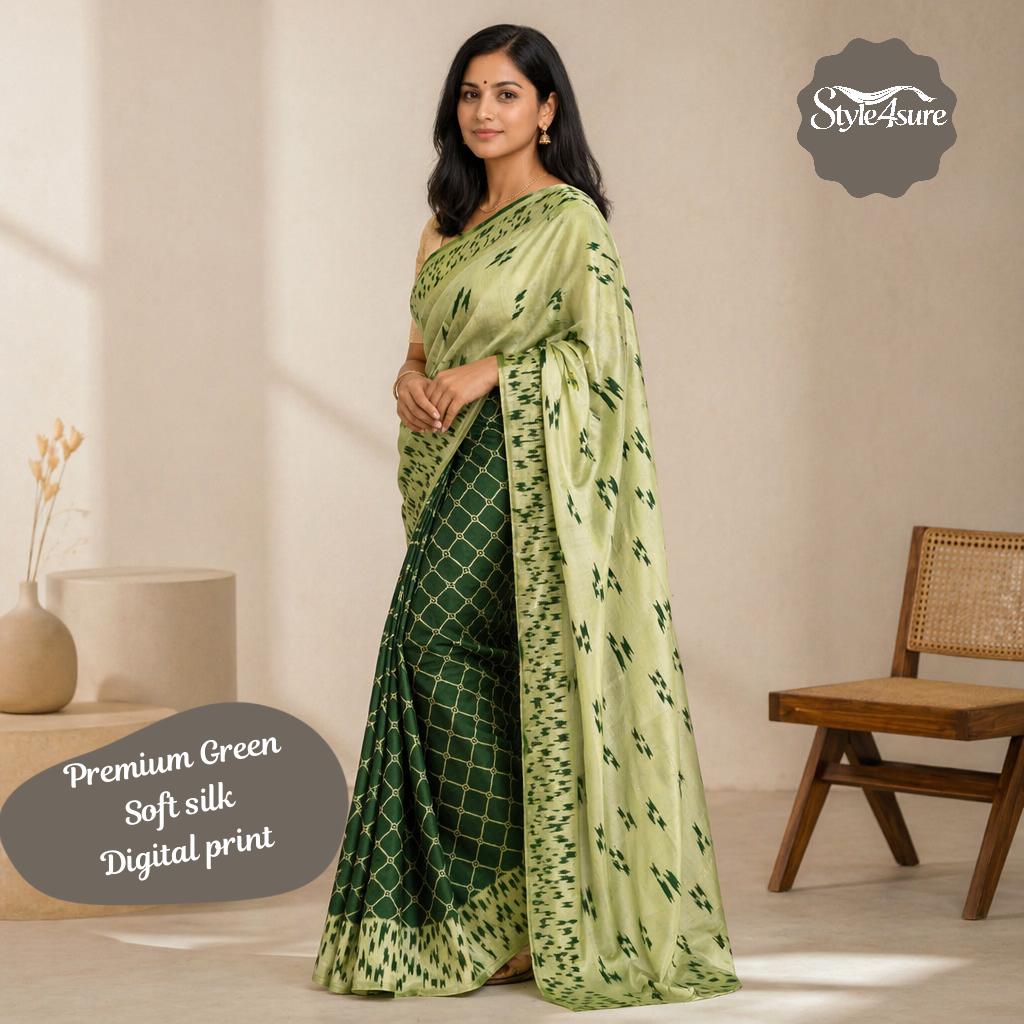 Green Soft Silk Printed Saree with Blouse Piece