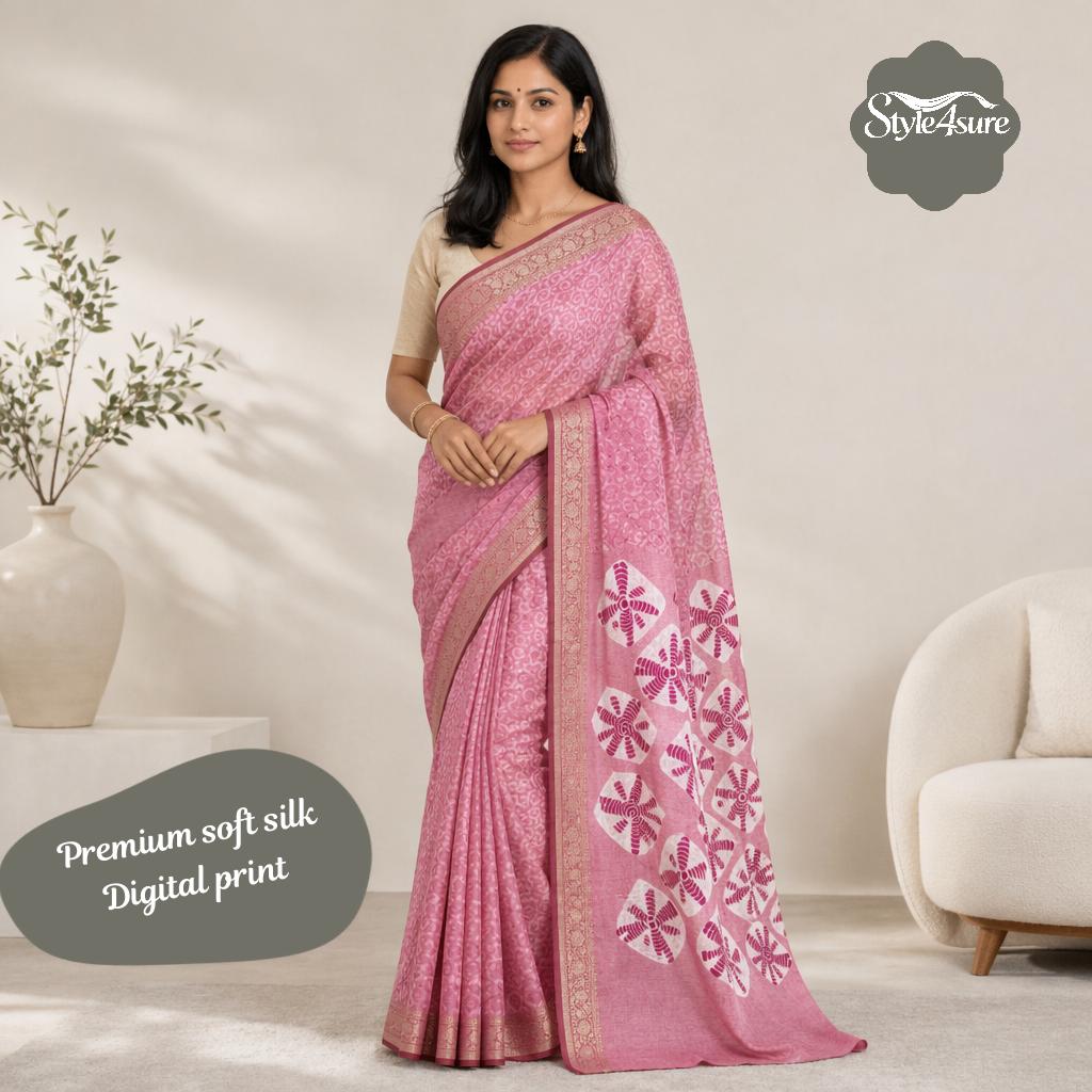 Pink Soft Silk Printed Saree with Unstitched Blouse