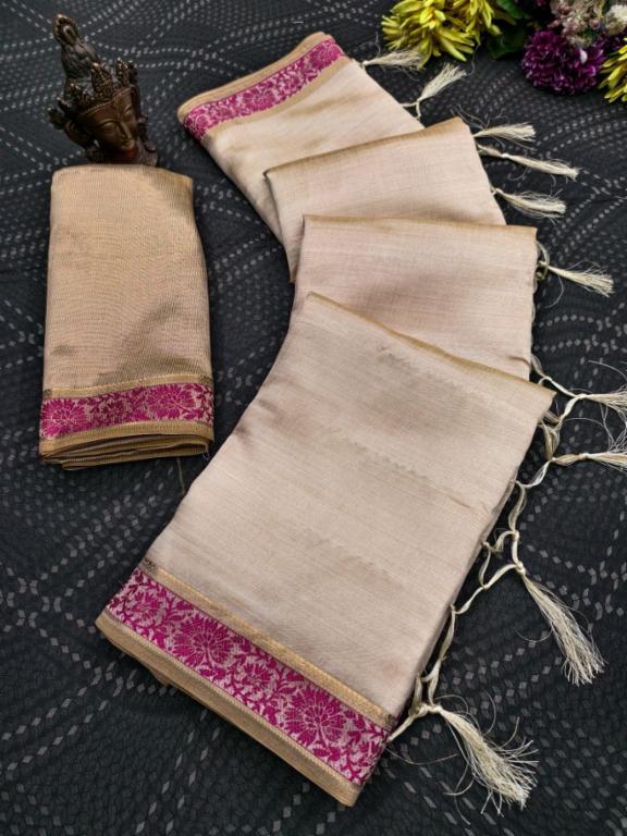 Pure Tussar Silk Saree with Self Weaving and Zari Pallu, Matching Blouse, 5.5 Mtr Length