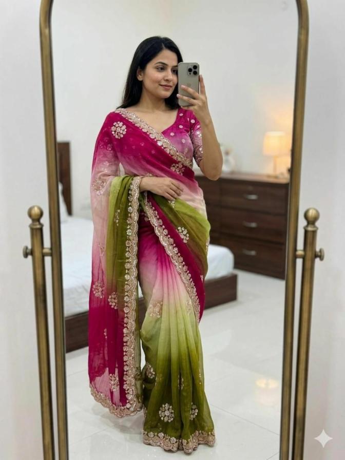 Fandy Chiffon Multicolor Sequence Work Saree with Blouse