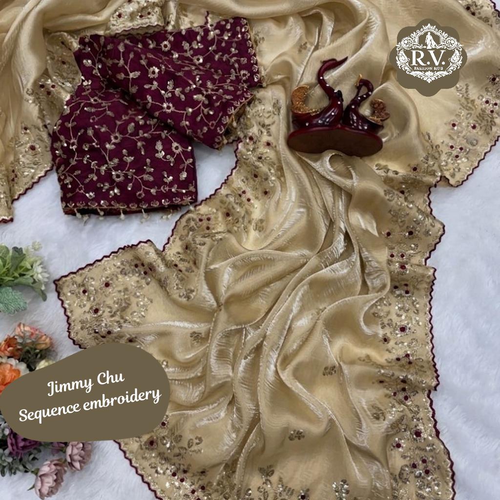 Soft Jimmy Chu Designer Saree with Embroidery and Stitched Blouse!