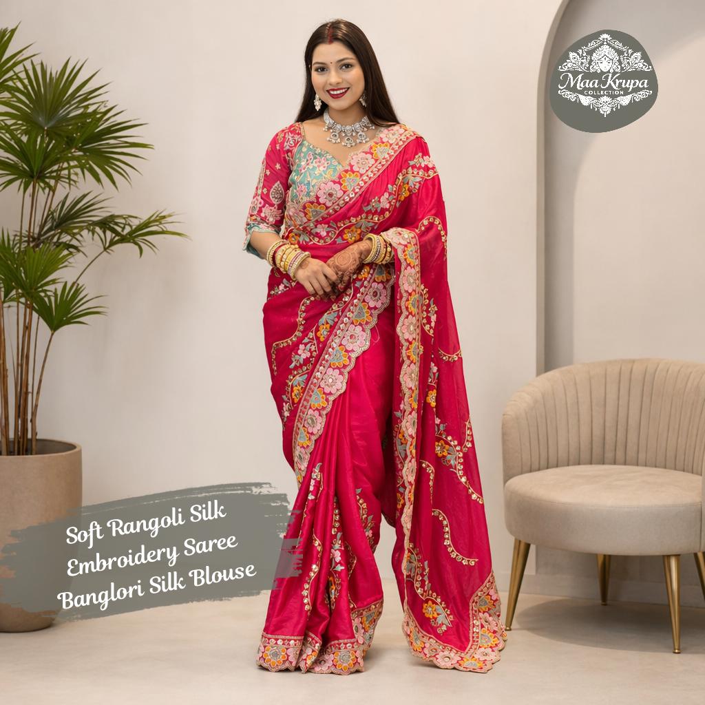 Soft Rangoli Silk Embroidery Saree with Stitched Banglori Silk Blouse