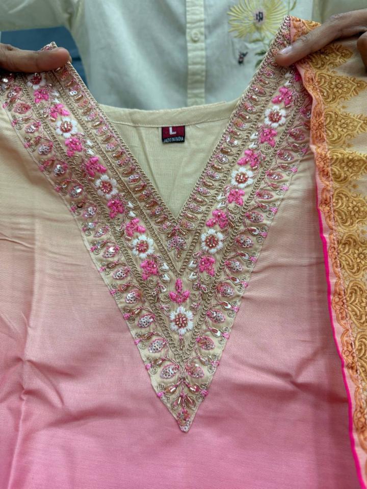 Soft Silk Work Suit with Hand Work Neck and Printed Kurti Pant Dupatta Set!