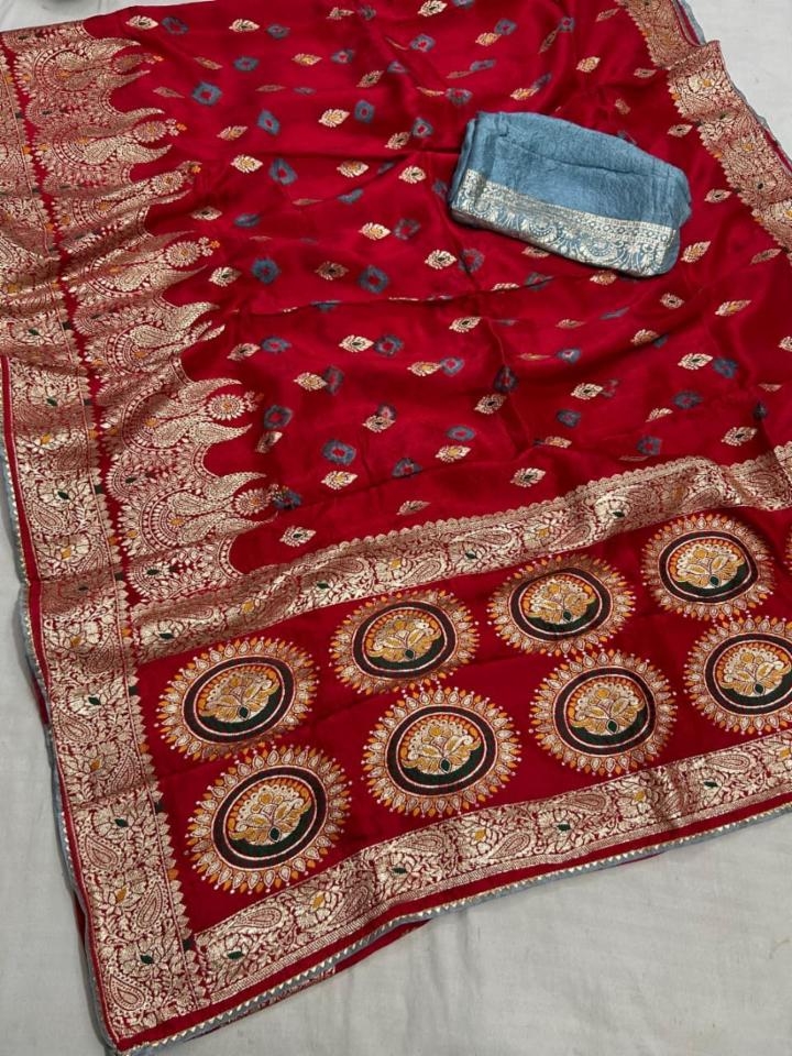 Pure Dola Silk Gulti Bhandhej Saree with Heavy Zari Work