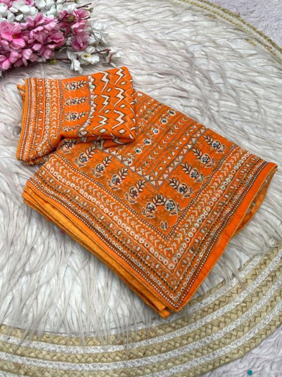 Ajrakh Georgette Saree and Digital Print Blouse