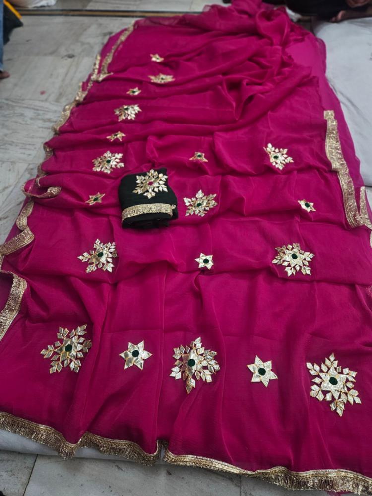 Semi Chiffon Charkhi Gotta Work Saree with Contrast Blouse