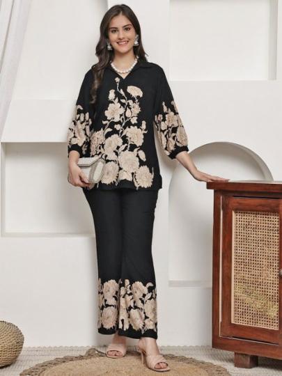 Women's Black & Beige Floral Printed Co-ord Set