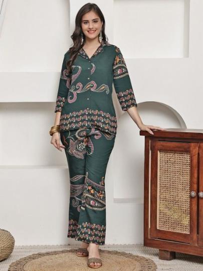 Women's Bottle Green Paisley & Floral Printed Co-ord Set