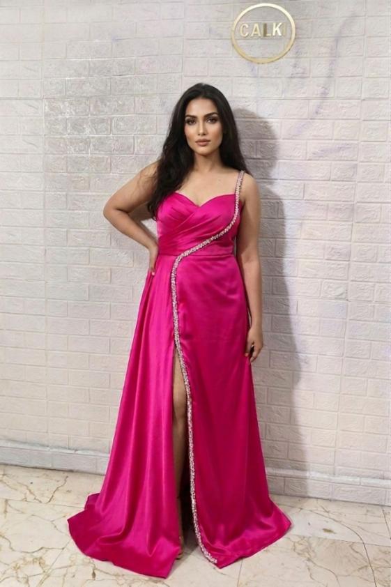 Pink Satin Silk Gown with Zarcan Work, Zip Closure!