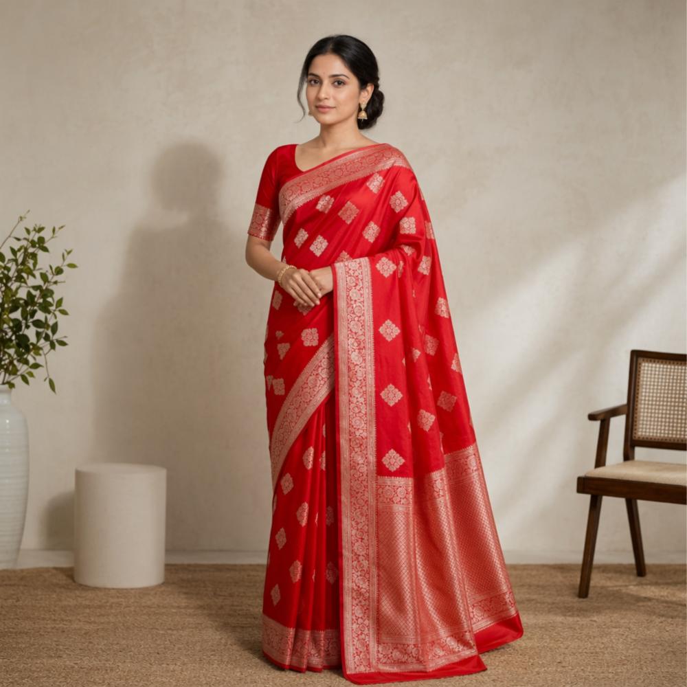 Soft Red Mushroom Silk Saree with Zari Border and Blouse
