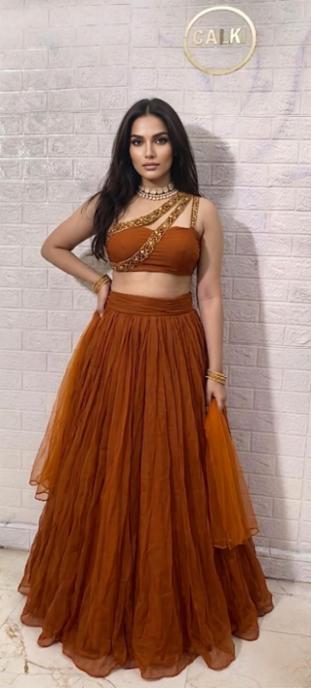 Mustard Rust Georgette Designer Lehenga Choli Set with Zari Lace Work!