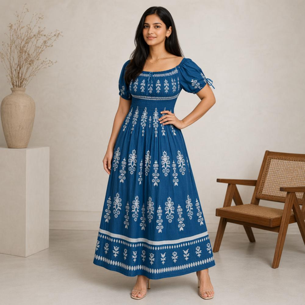 Women Long Cotton Stretchable Printed Dress