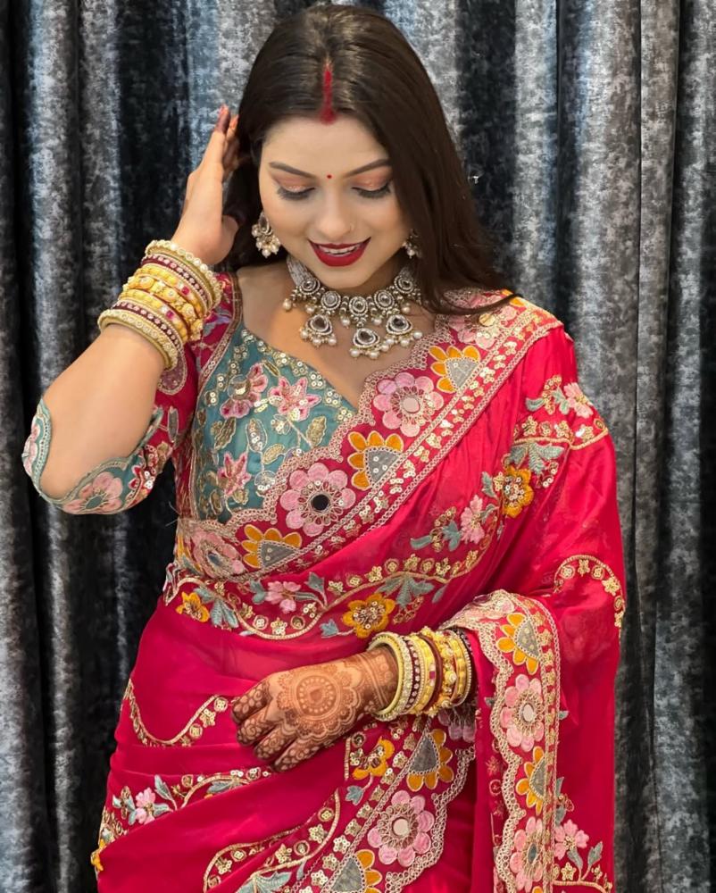 Party Wear Rangoli Silk Saree with Embroidery and Mirror Work!